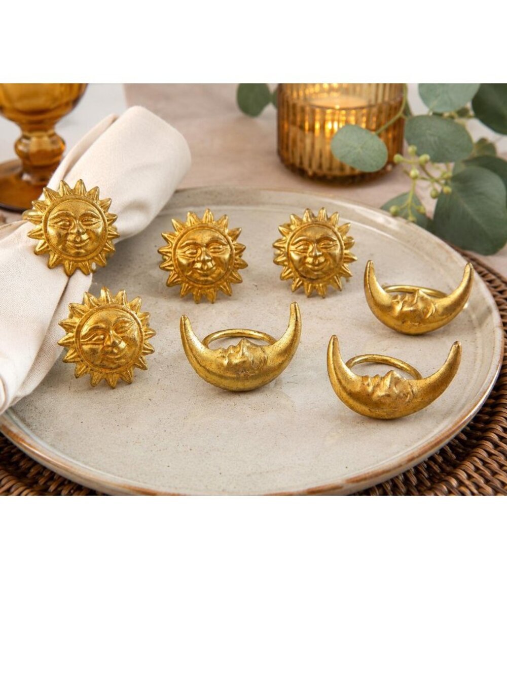 Vintage Gold Tone Sun & Moon Napkin Rings Set of 6 Boho Dining